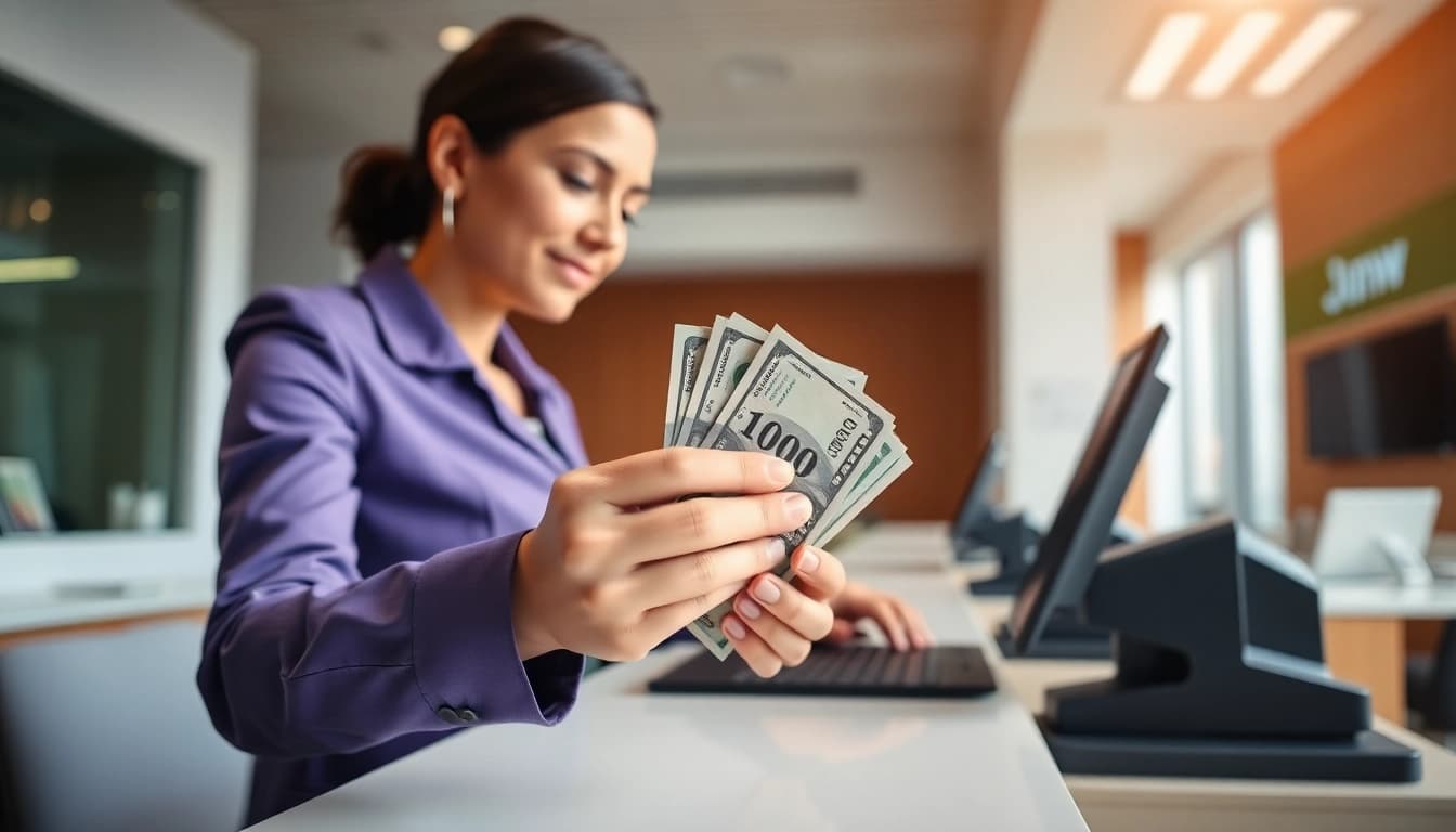 Mendeposit 1k di bank, teller sedang memproses deposit tunai dengan aman dan efisien.