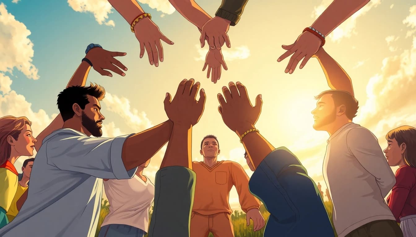 United individuals demonstrating Human Rights through solidarity and hope in a harmonious community scene.