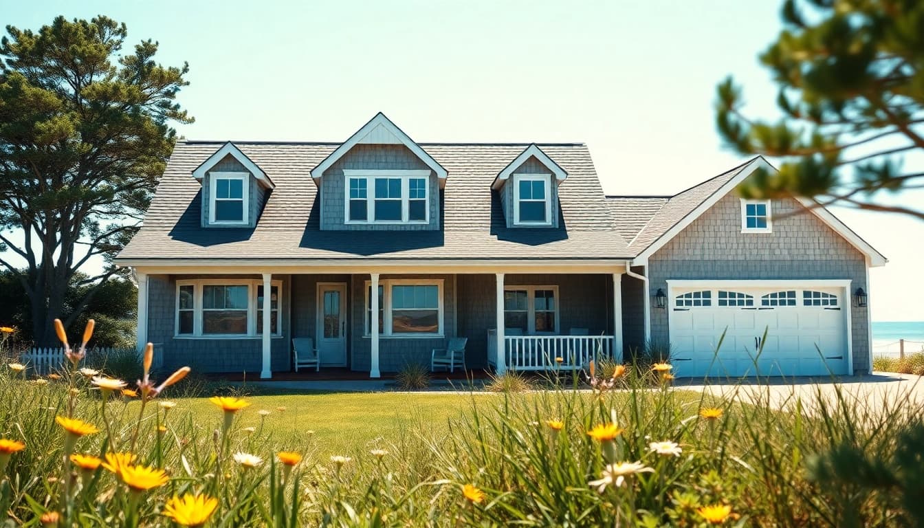 Beautiful cape cod home featuring an attached garage with beachside charm and inviting porch.