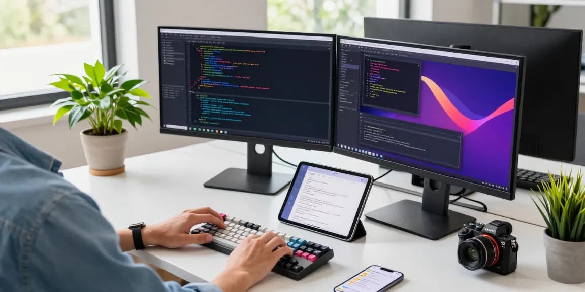 Developer working in a modern tech workspace with dual monitors, showcasing telegram中文版 interface on the screen.