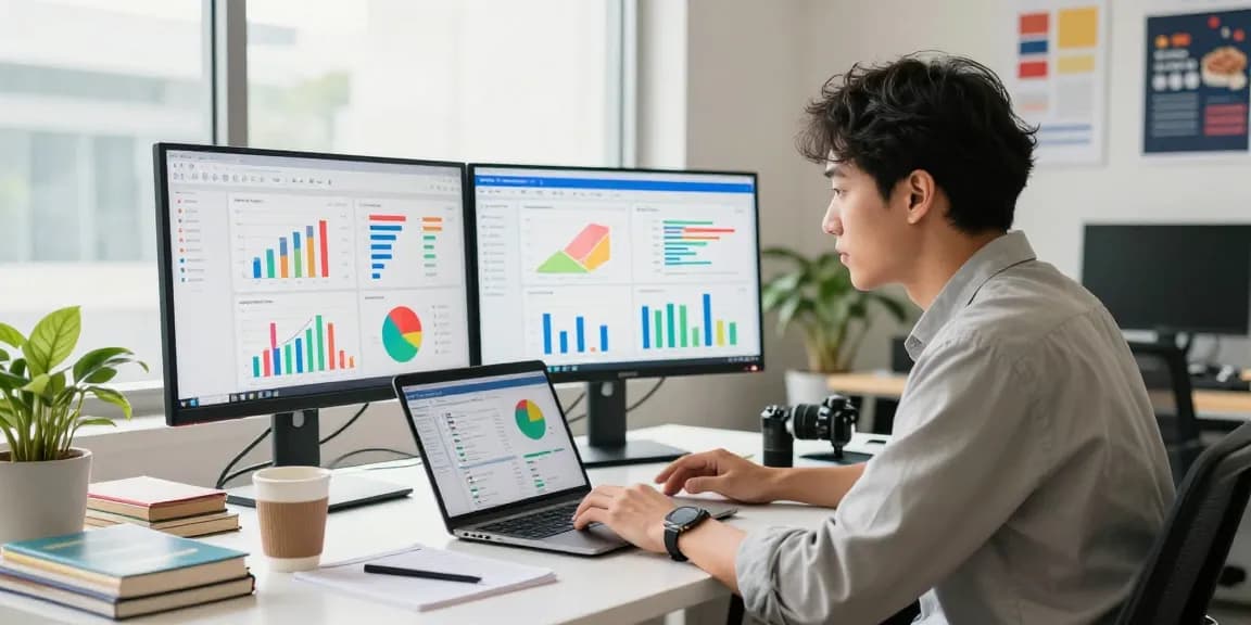 Marketing professional analyzing rokok88 data with dual screens and analytics tools.