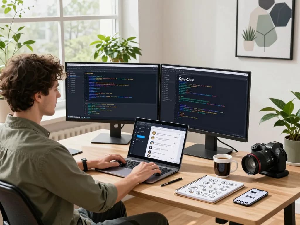 OpenClaw AI interface on dual monitors in a modern home office showcasing productivity and personalization.