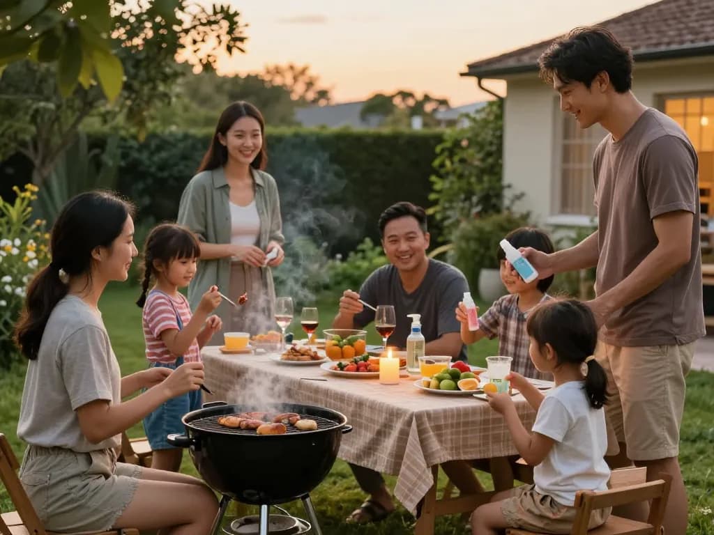Family enjoying an outdoor barbecue with effective mosquito repellent in use