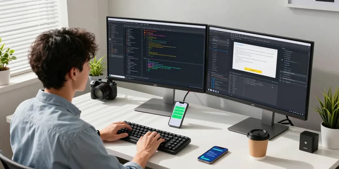 Developer coding with 纸飞机中文版 software on dual monitors in a modern office workspace.