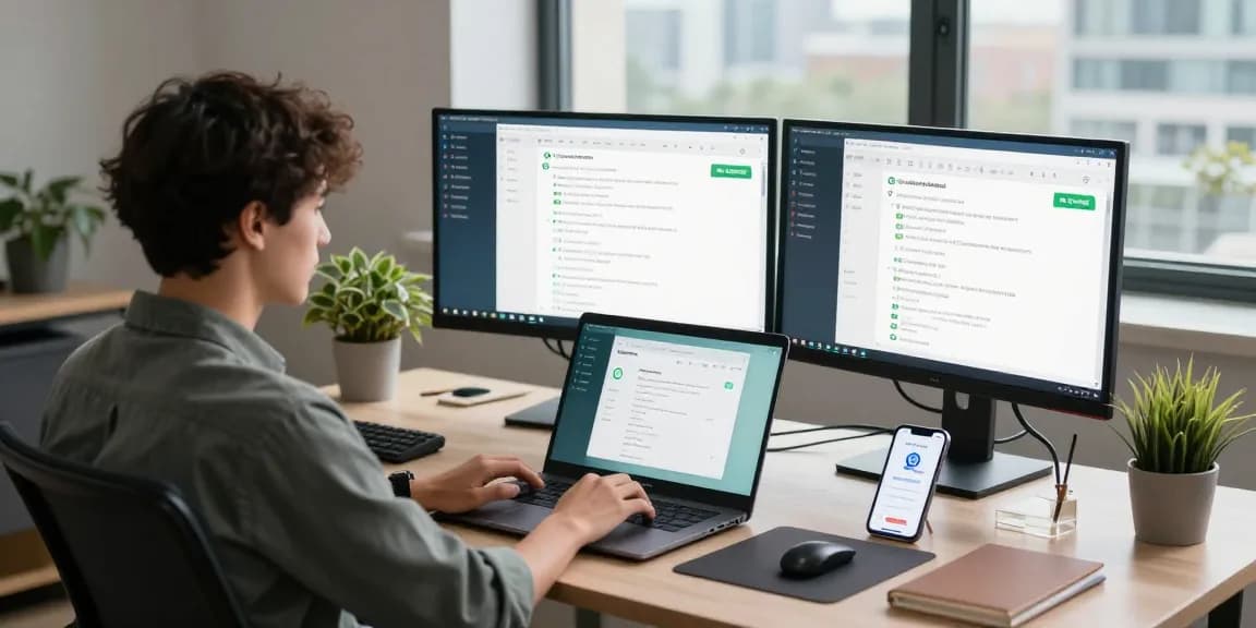 User interacting with WhatsApp電腦版 in a modern office with dual monitors and city view.