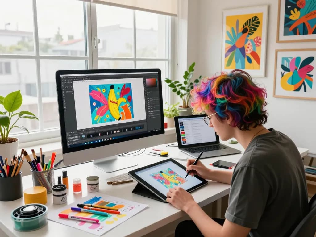 Artist using nano banana 2 to create vibrant digital artworks in a bright design studio.