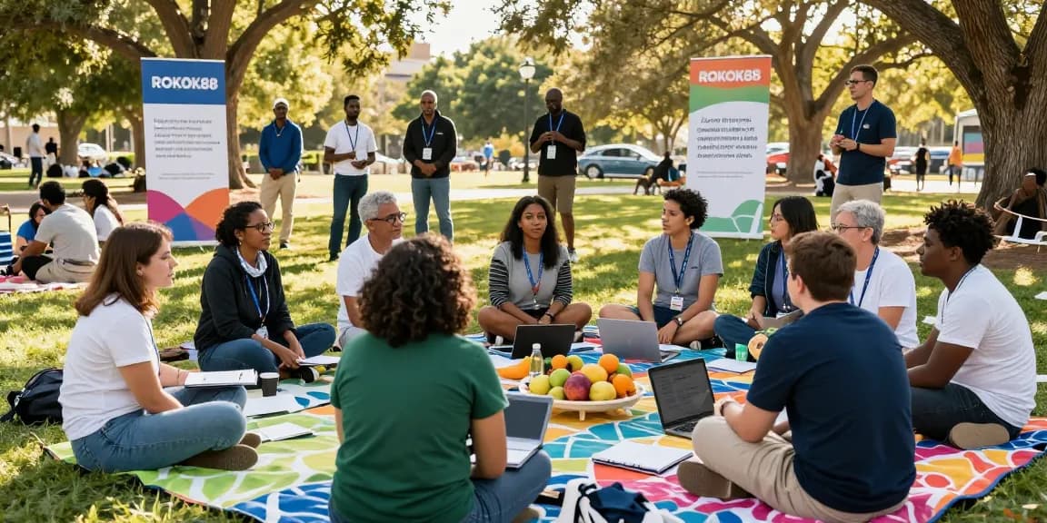 Diverse community members participating in ROKOK88 collaborative initiative, sharing ideas and fostering social change.