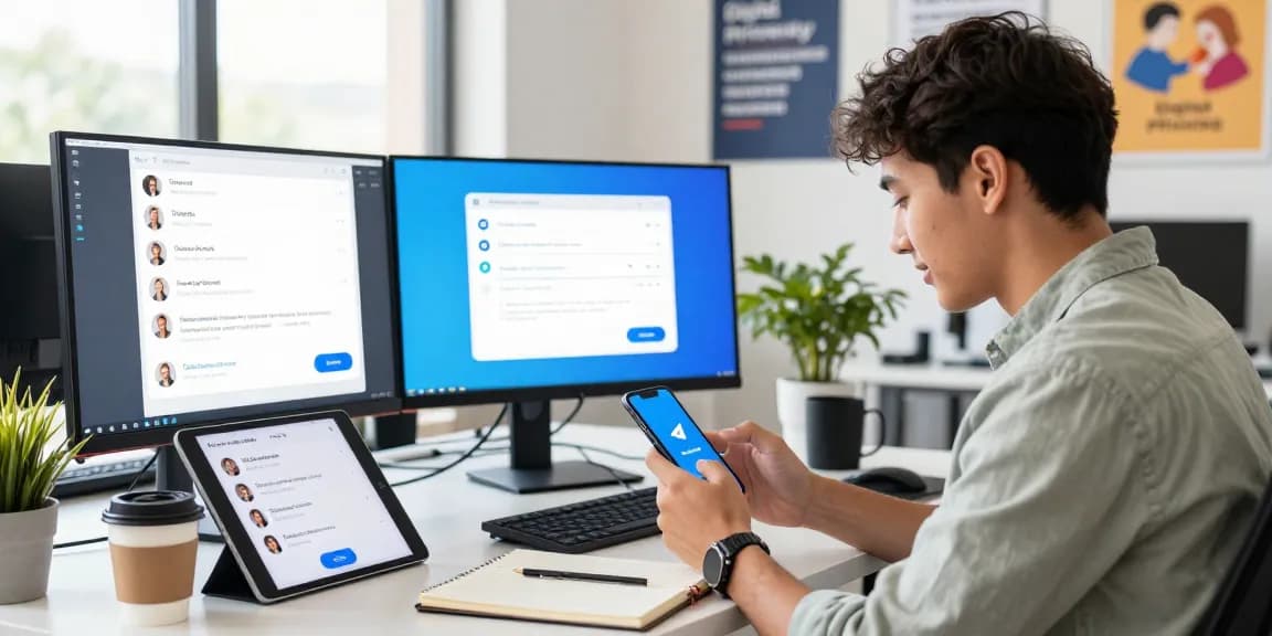 Engaging scene of a professional using 纸飞机中文版 on smartphone in a modern office setting.