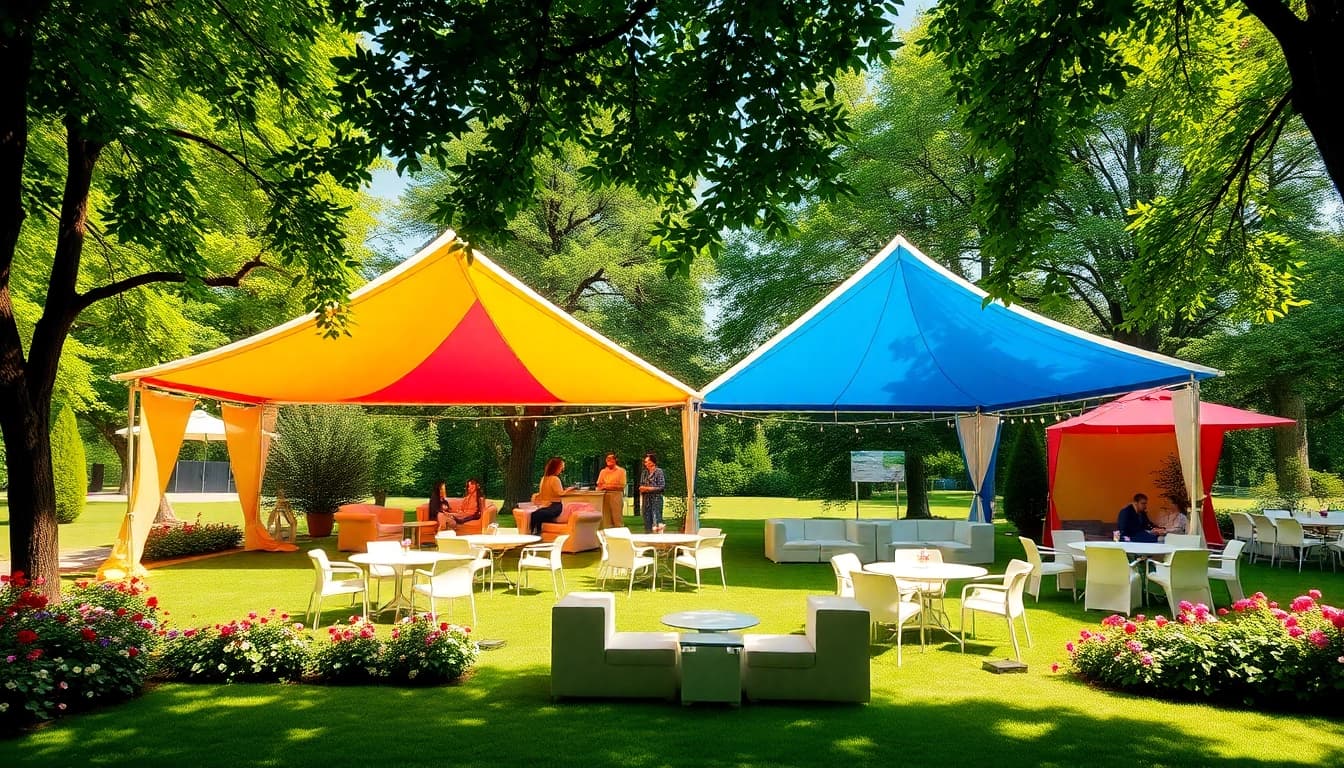 Engaging scene showcasing Tent Rentals in an outdoor park setting, complete with colorful canopies and guests.