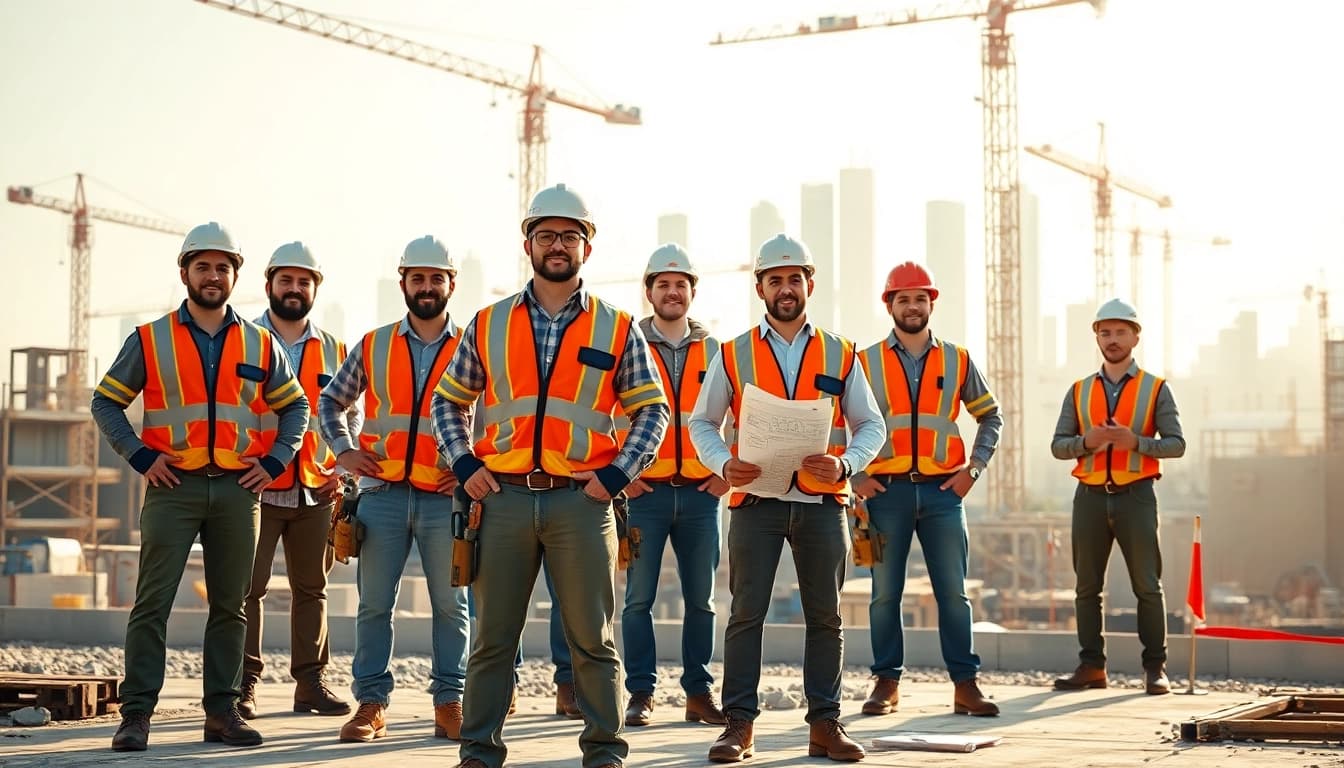 Construction career professionals collaborating on a busy job site with cranes in the background.