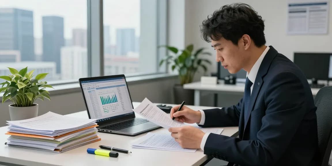 Accountant focused on asset tracing in a modern office setup, examining financial documents.