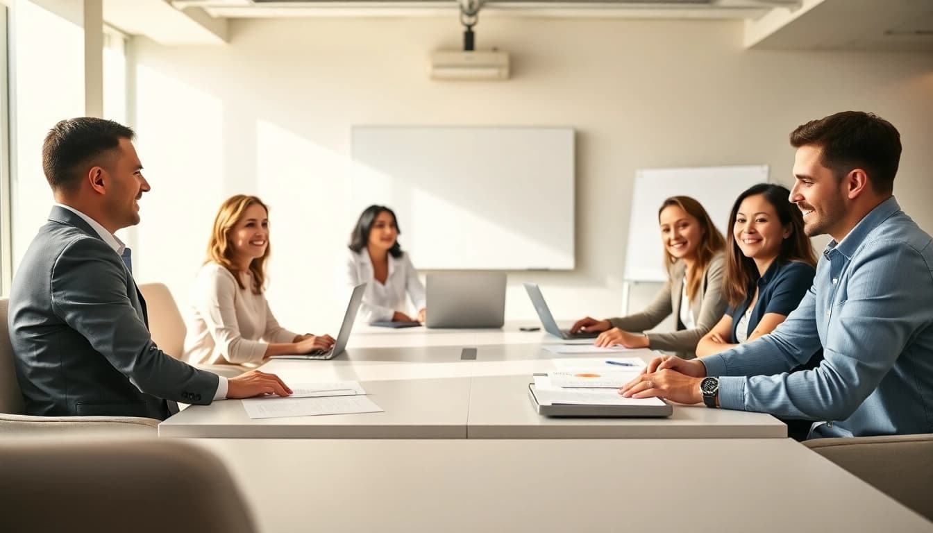 Engaging professionals discussing Federal and State contracts and grants in a modern conference room.