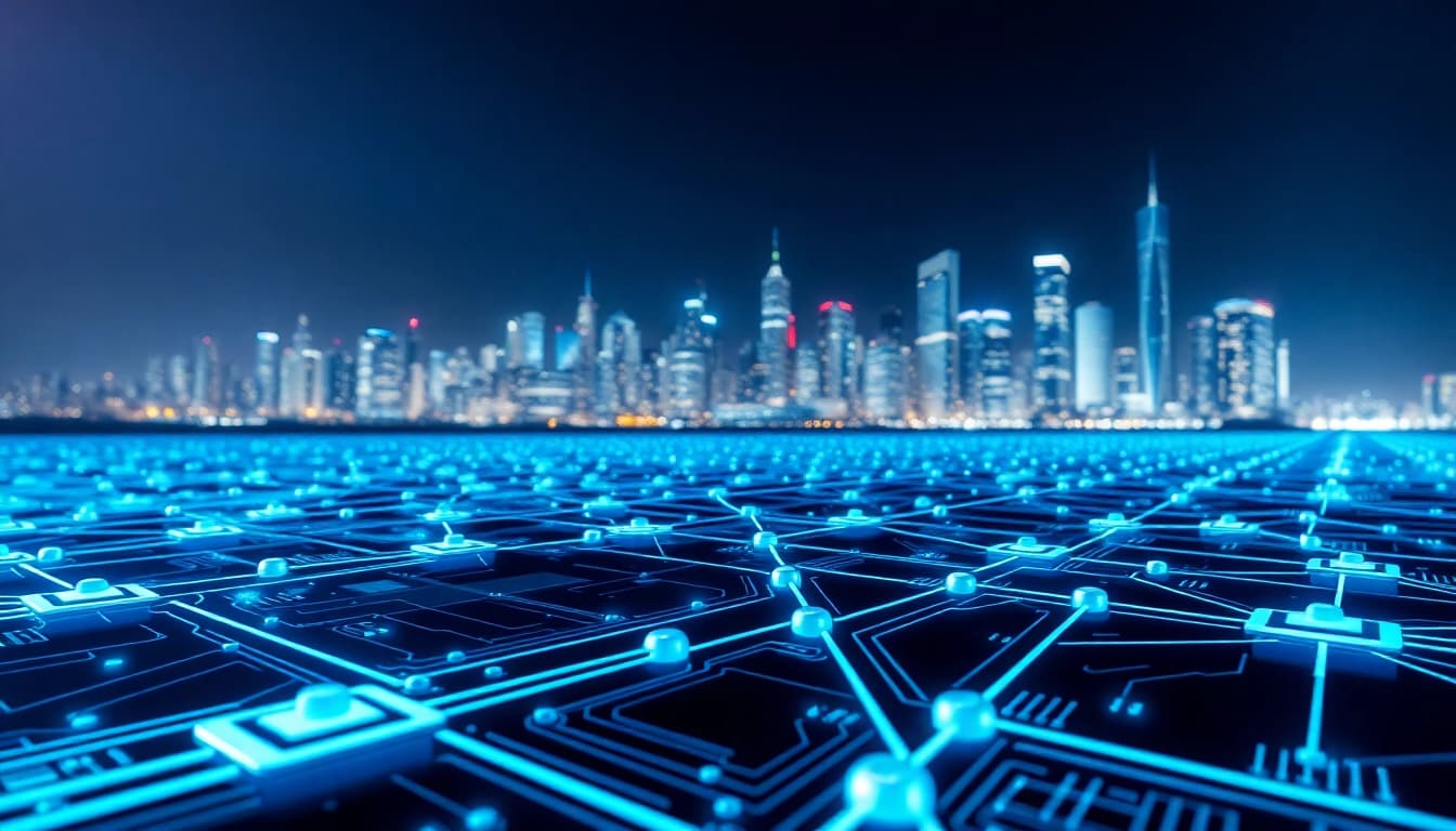 Visualizing EORMC AI blockchain development within a futuristic digital landscape.