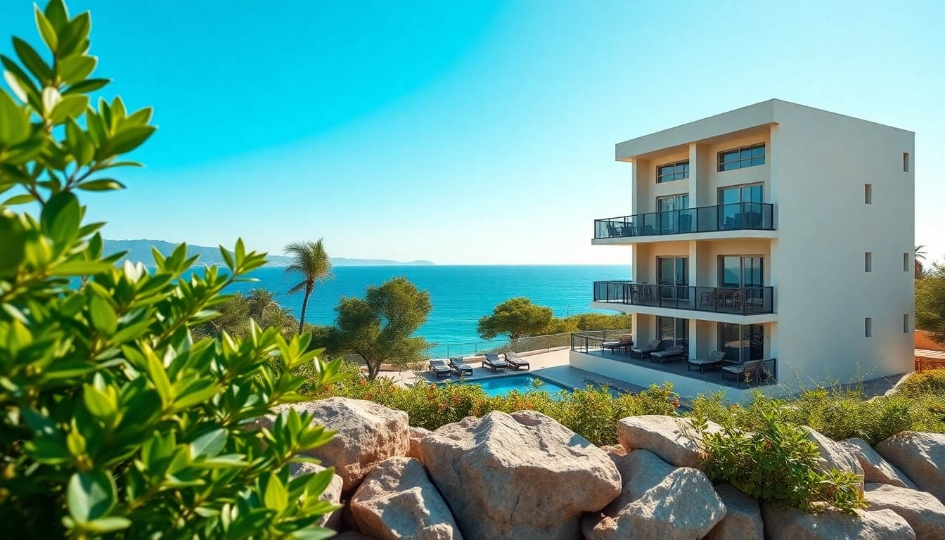 Buy apartment in Alanya with a stunning ocean view and modern design showcased prominently.
