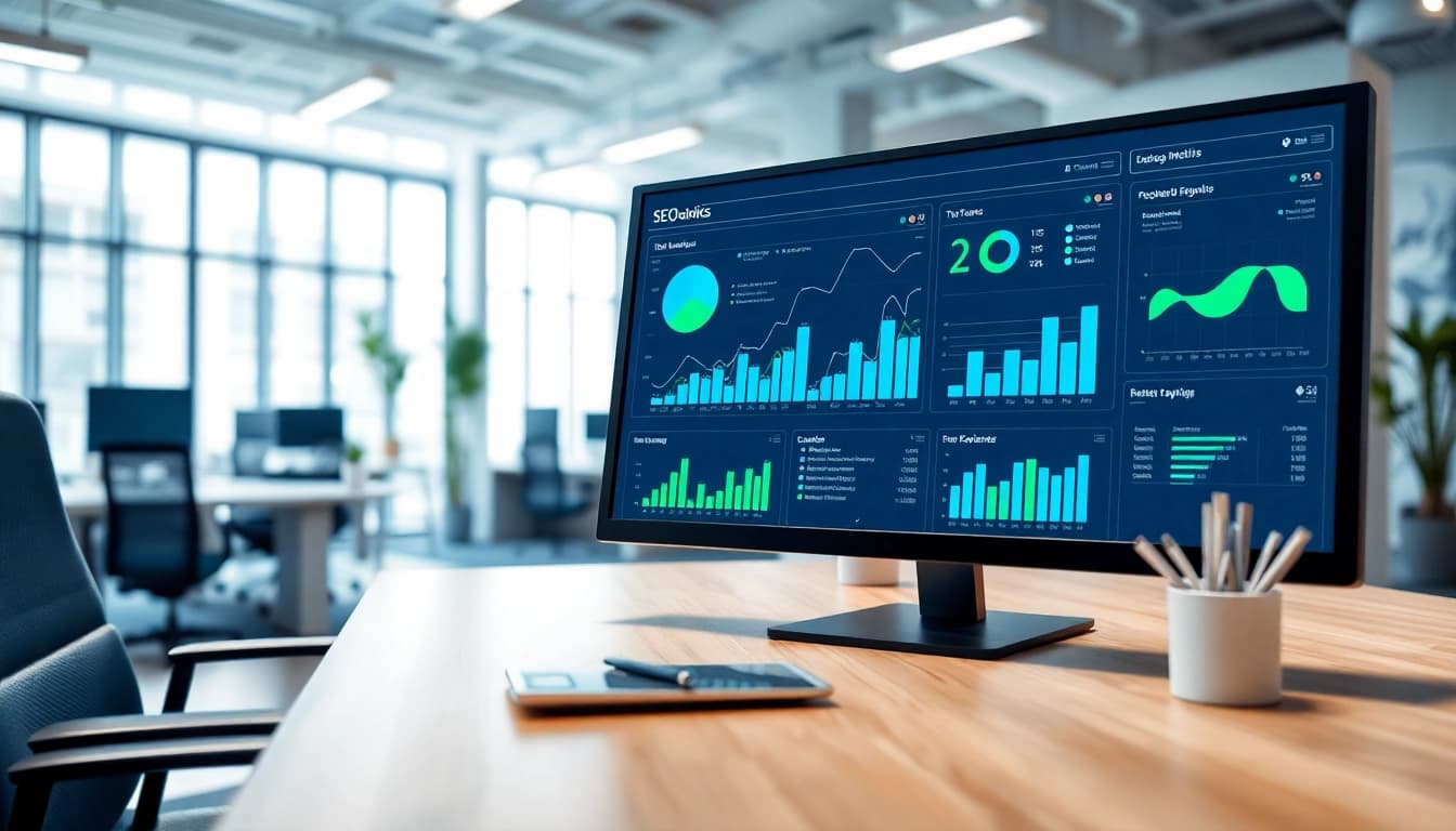 Visual representation of SEO Rank Tracker data displayed on multiple digital dashboards.