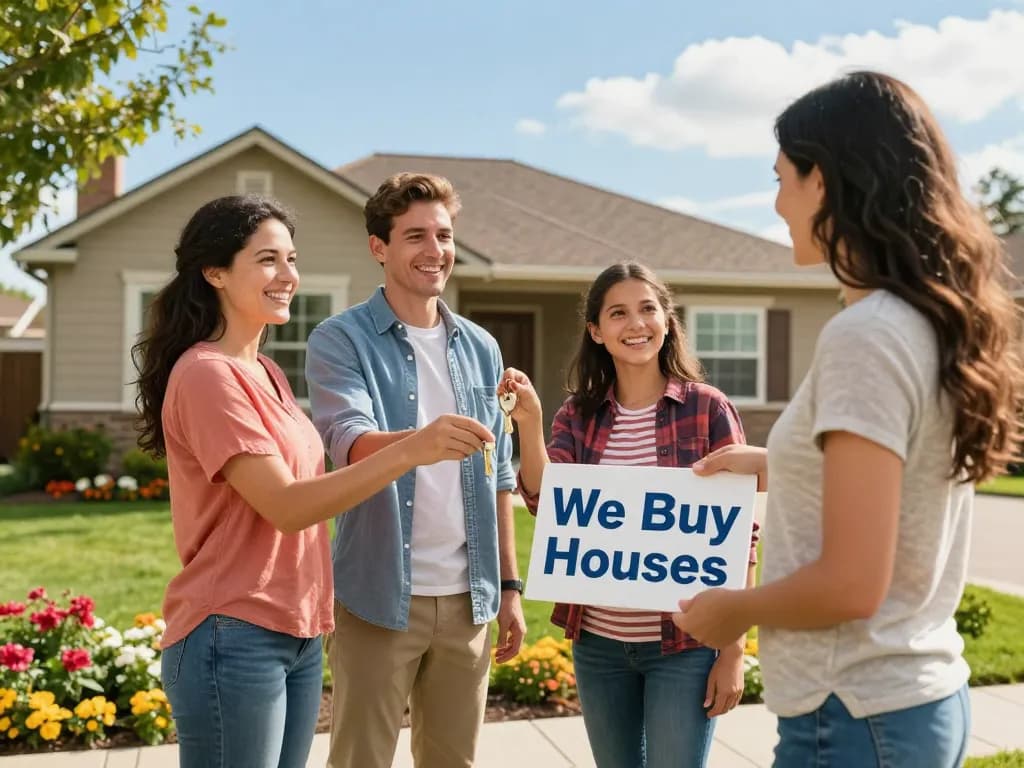 We buy houses scene with a family happily handing over keys to a joyful home buyer in a sunny garden.