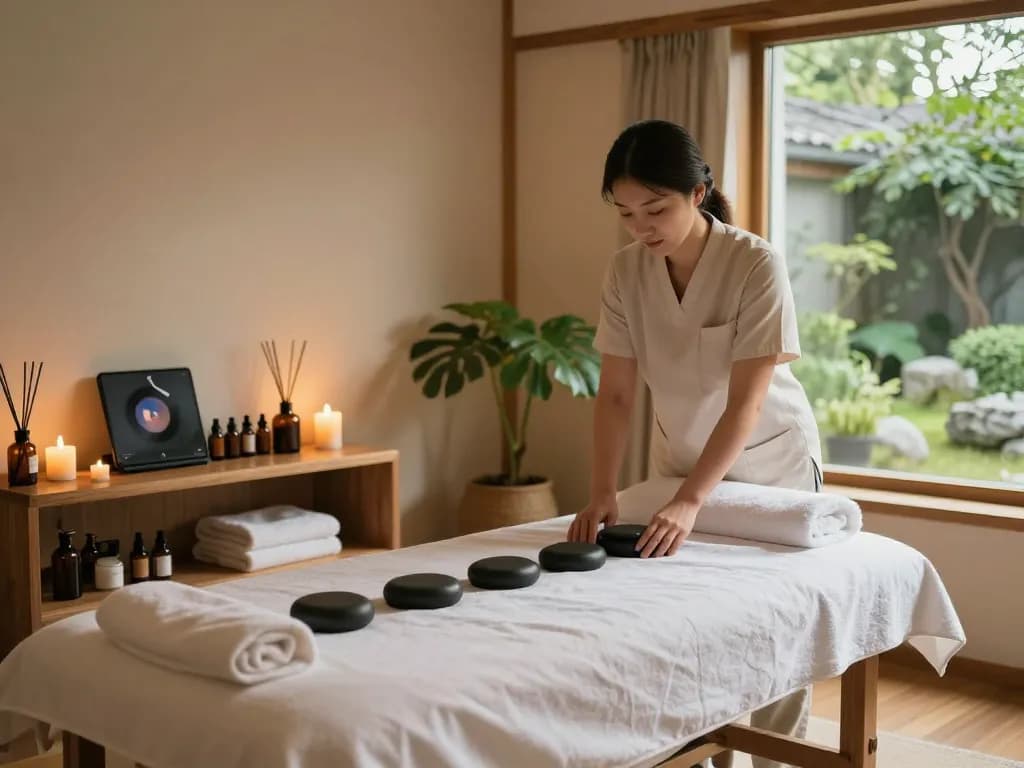 Inviting spa massage room setting for 인계동마사지 featuring soothing decor and calming atmosphere.