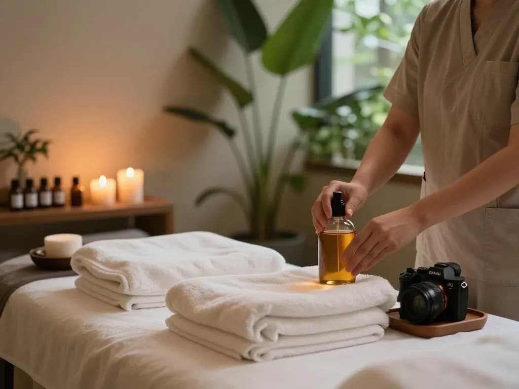 신사동마사지 session with a tranquil spa setting, highlighting aromatic oils and a relaxing atmosphere.