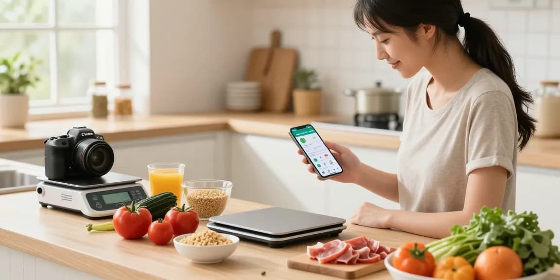 Discovering the best calorie tracker while meal prepping with AI technology in a modern kitchen.