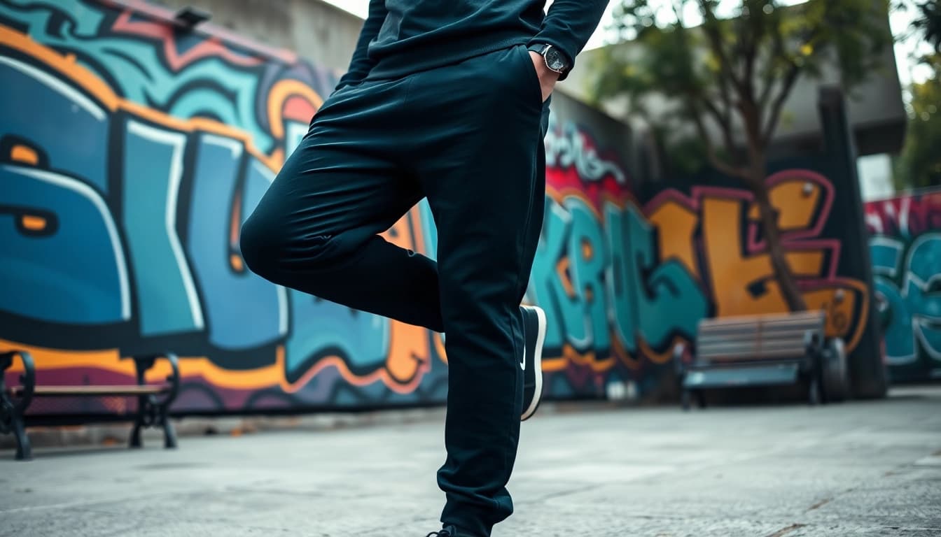 Model showcasing black sweatpants against vibrant city graffiti backdrop, highlighting urban style.
