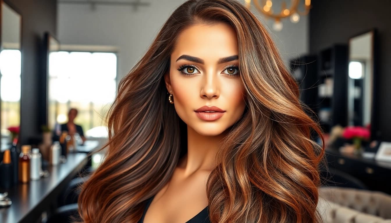 Model flaunting beautiful genius weft hair extensions in a stylish salon.