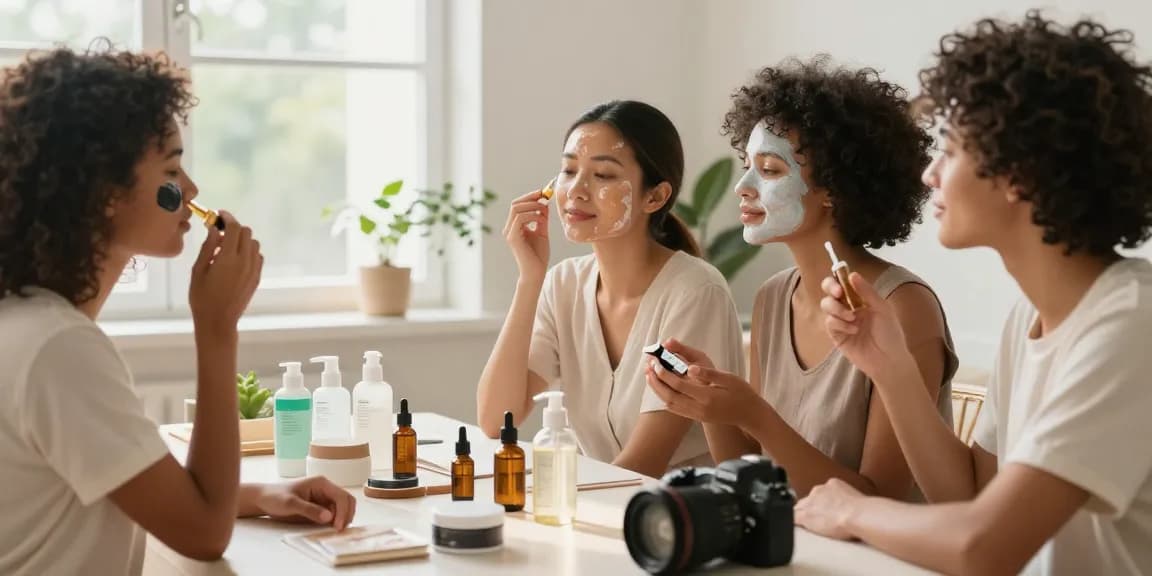Un grup se bucură de o rutină de îngrijire a pielii, folosind produse skincare care îmbunătățesc frumusețea naturală într-un mediu luminos și primitor.