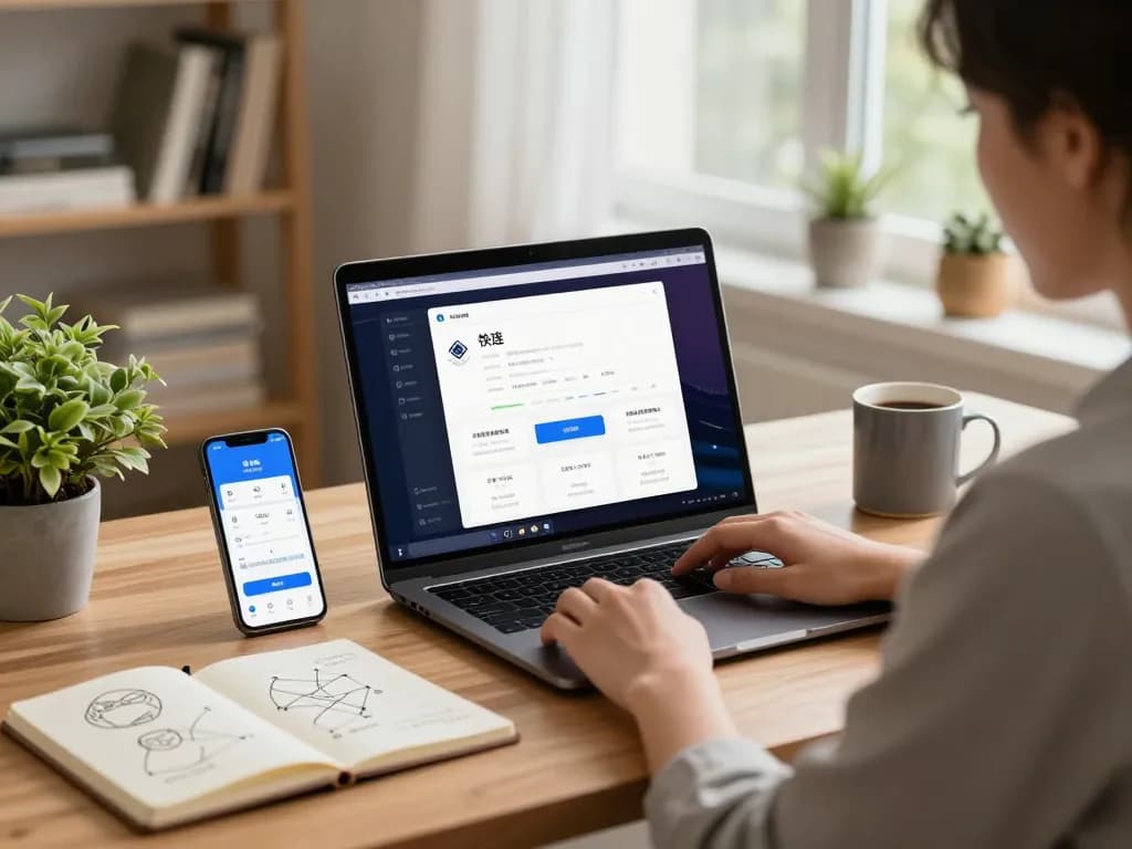 快连 application interface on a modern laptop in a cozy home office, highlighting user productivity and network optimization.