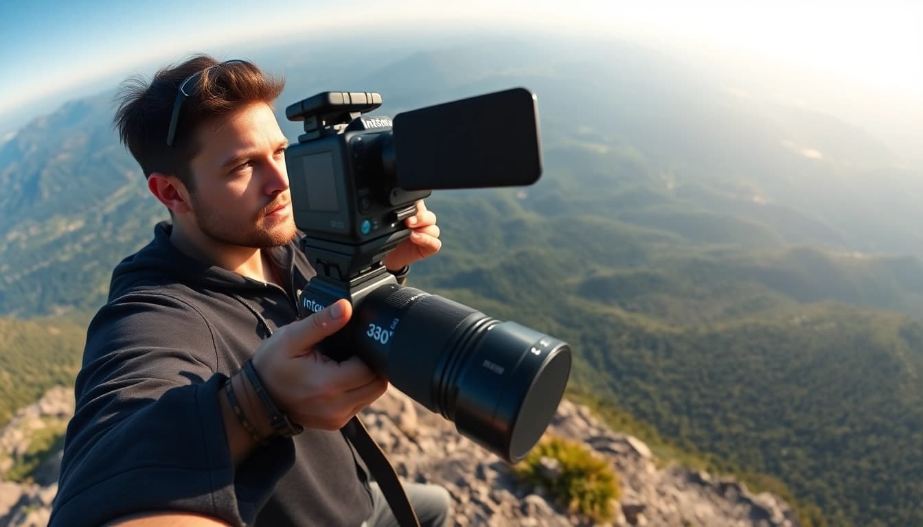 Capture of a photographer using Insta360 to shoot panoramic vistas on a mountaintop.