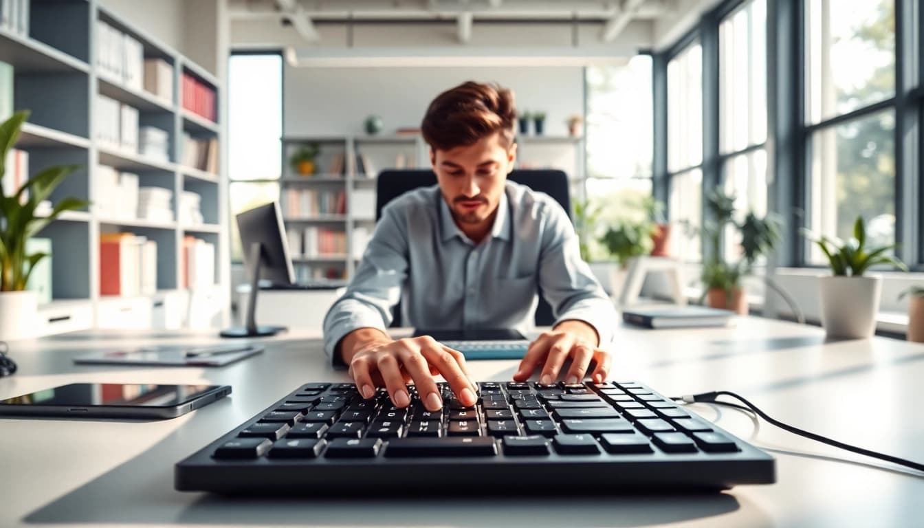 Streamlined typing center enhancing productivity in a bright office environment.