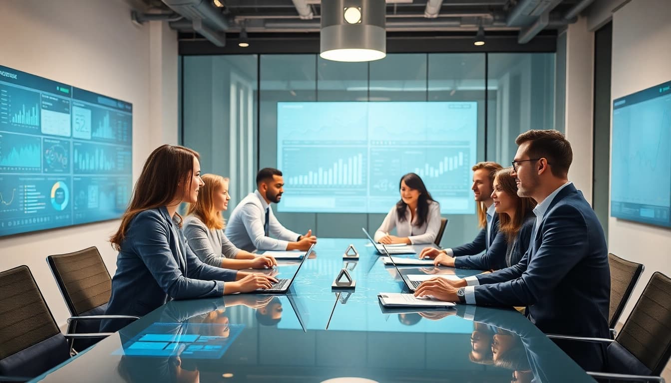 Showcasing an assistant for enterprise in a collaborative office setting with advanced AI tools.