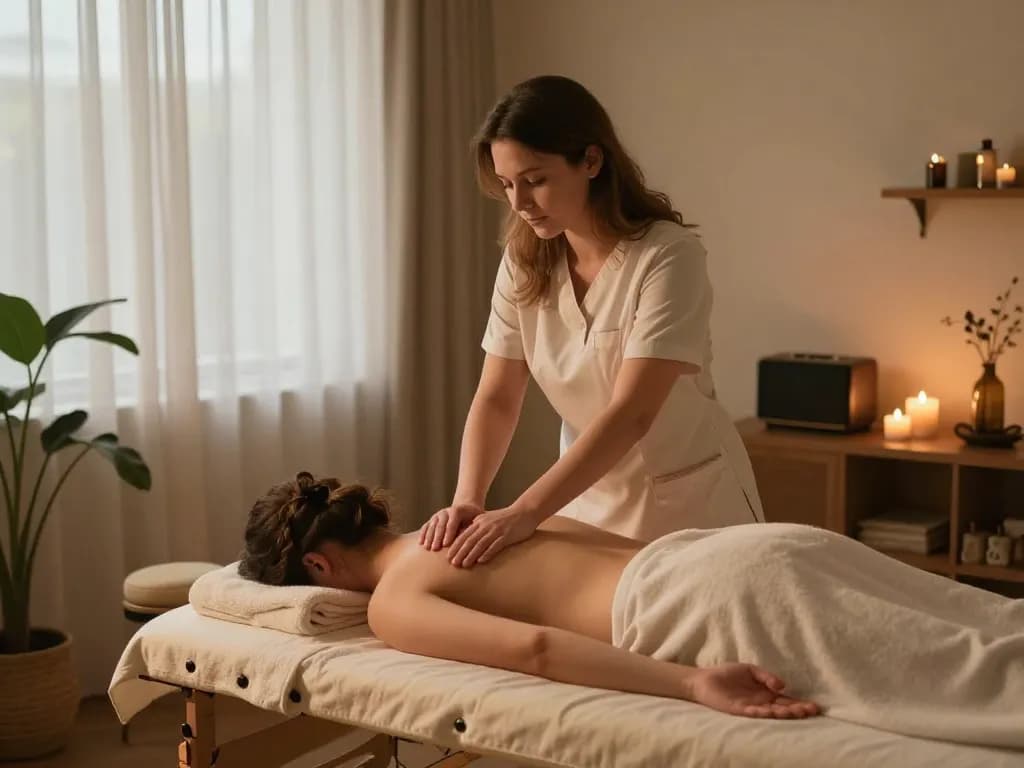 집에서의 러시아 마사지 치료의 편안한 장면, russiamobilemassage.com의 전문 서비스 강조.