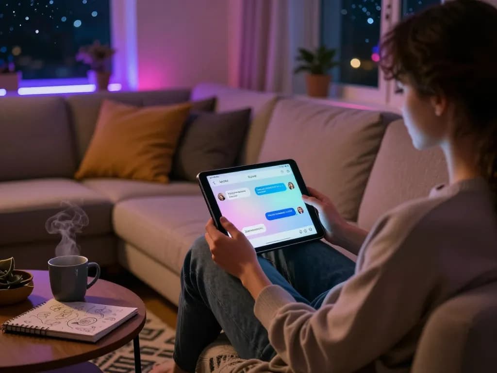 Engaging in NSFW AI chat in a cozy digital space with warm lighting, tablets, and intimate setting.