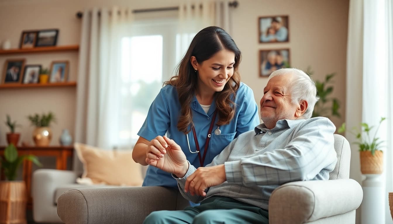 Care at home: caregiver providing support to an elderly man in a cozy living room.