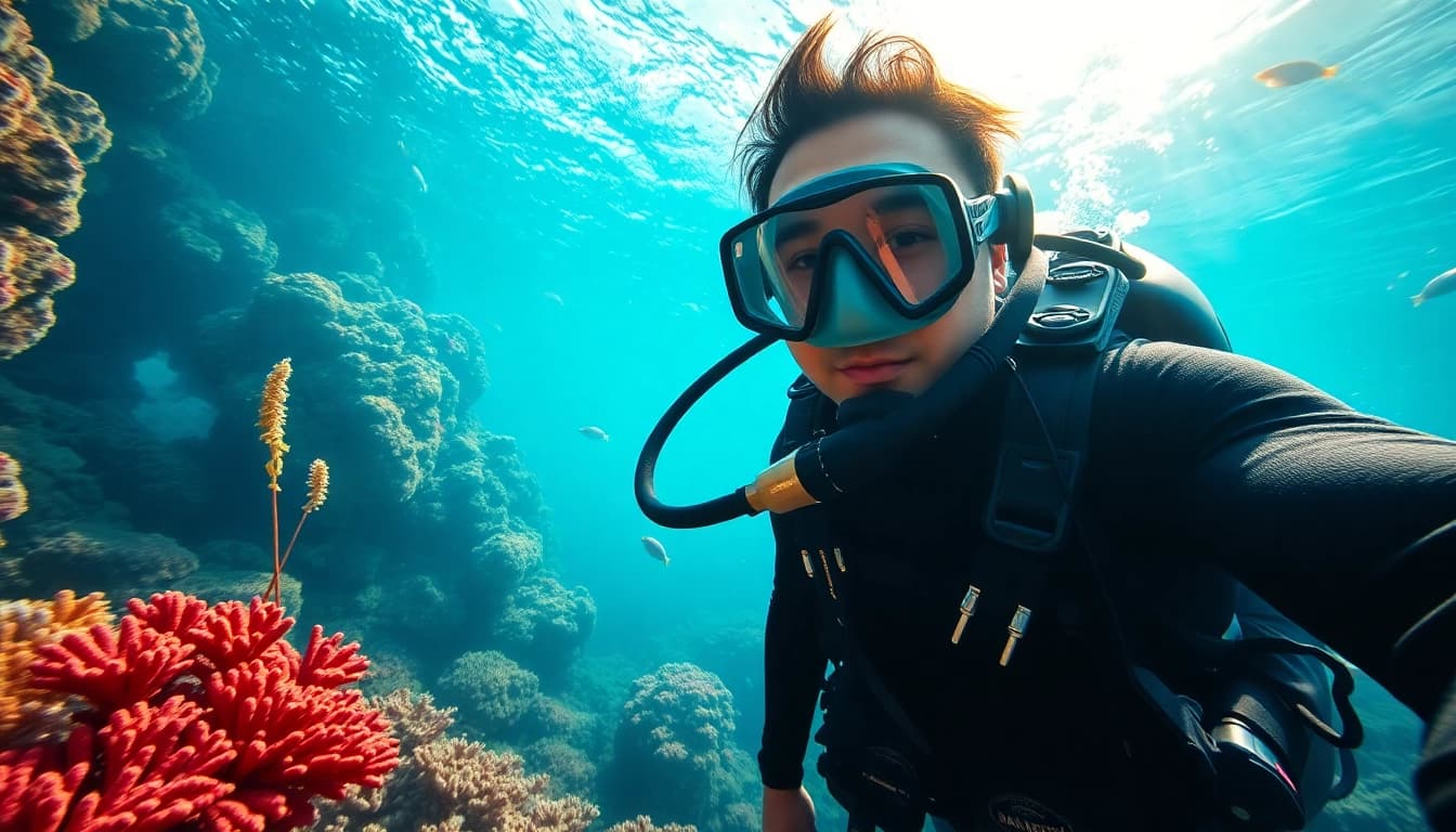 Tauchen in einer bunten Korallenriff Umgebung mit lebendigen Fischen und klarem Wasser.