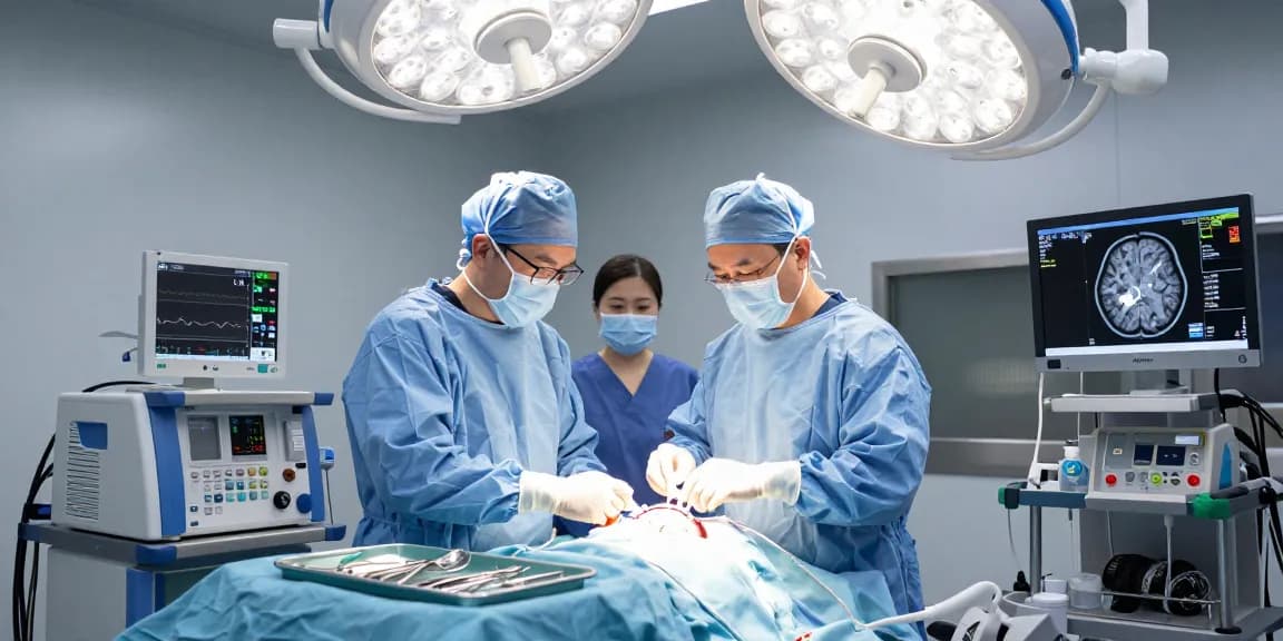 Beyin ameliyatı in a modern hospital operating room with neurosurgeon, monitors, and surgical instruments.