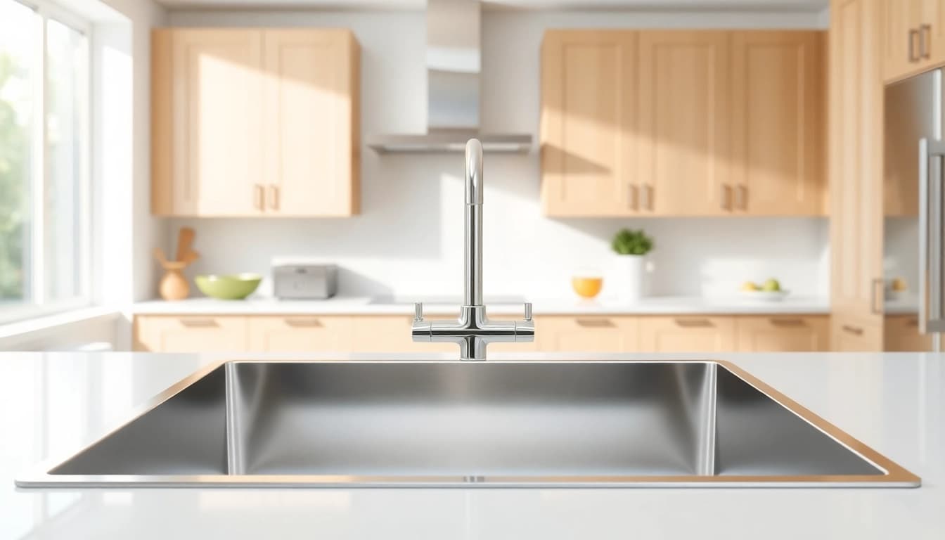 Explore a stylish stainless steel kitchen sink near me highlighted in a contemporary kitchen.