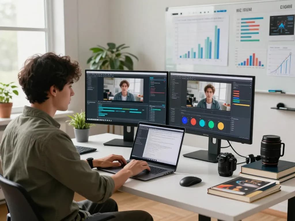 Video to promptgenerator: AI video analysis in a modern tech workspace with a data scientist analyzing video clips.