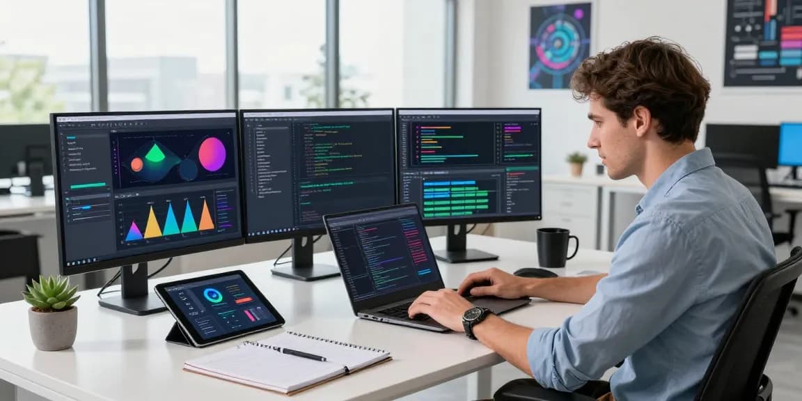 LLG link indexing showcased in a vibrant software development workspace with a focused developer working on multiple screens and tools.