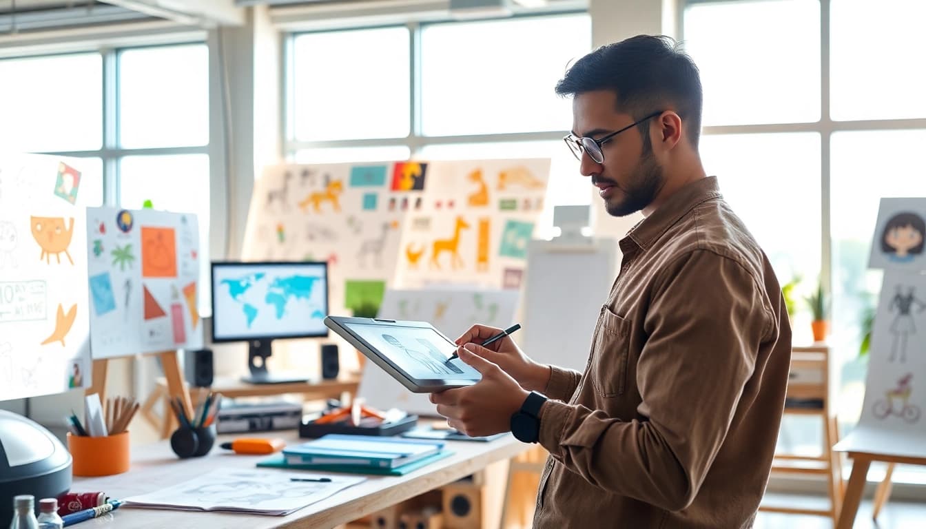 Animation Erstellen in einem kreativen Studio mit einem Designer, der an digitalen Charakteren arbeitet.