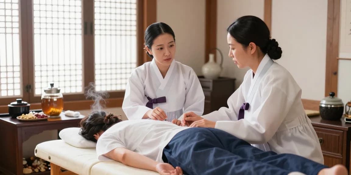 환자와 함께 있는 한의사가 있는 수원교통사고한의원에서의 치유 세션.
