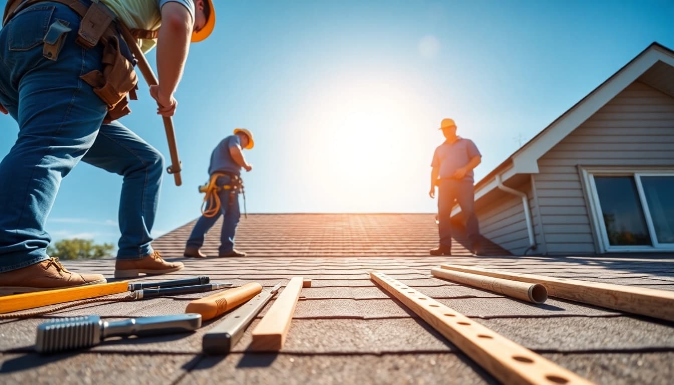 Roof repair experts diligently working on a residential home, showcasing effective restoration methods.