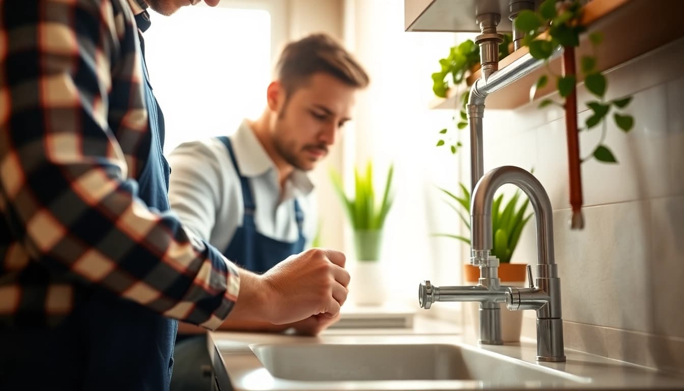 Engaged plumber near me fixing sink pipes in a bright kitchen setting.