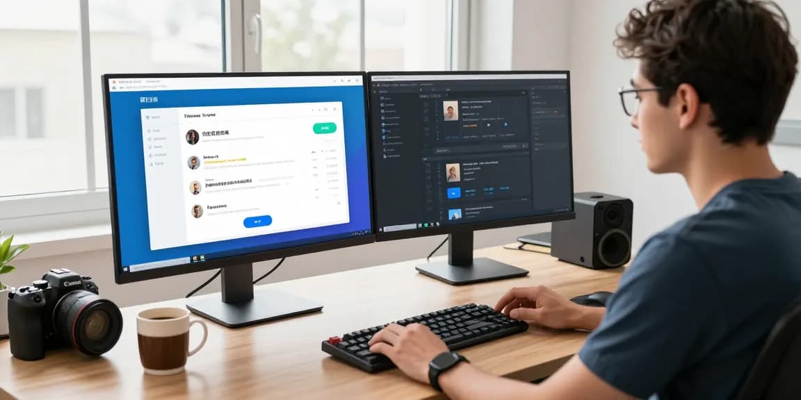 Explore the Telegram中文版 interface on a modern workspace with tech gadgets and a professional developer.