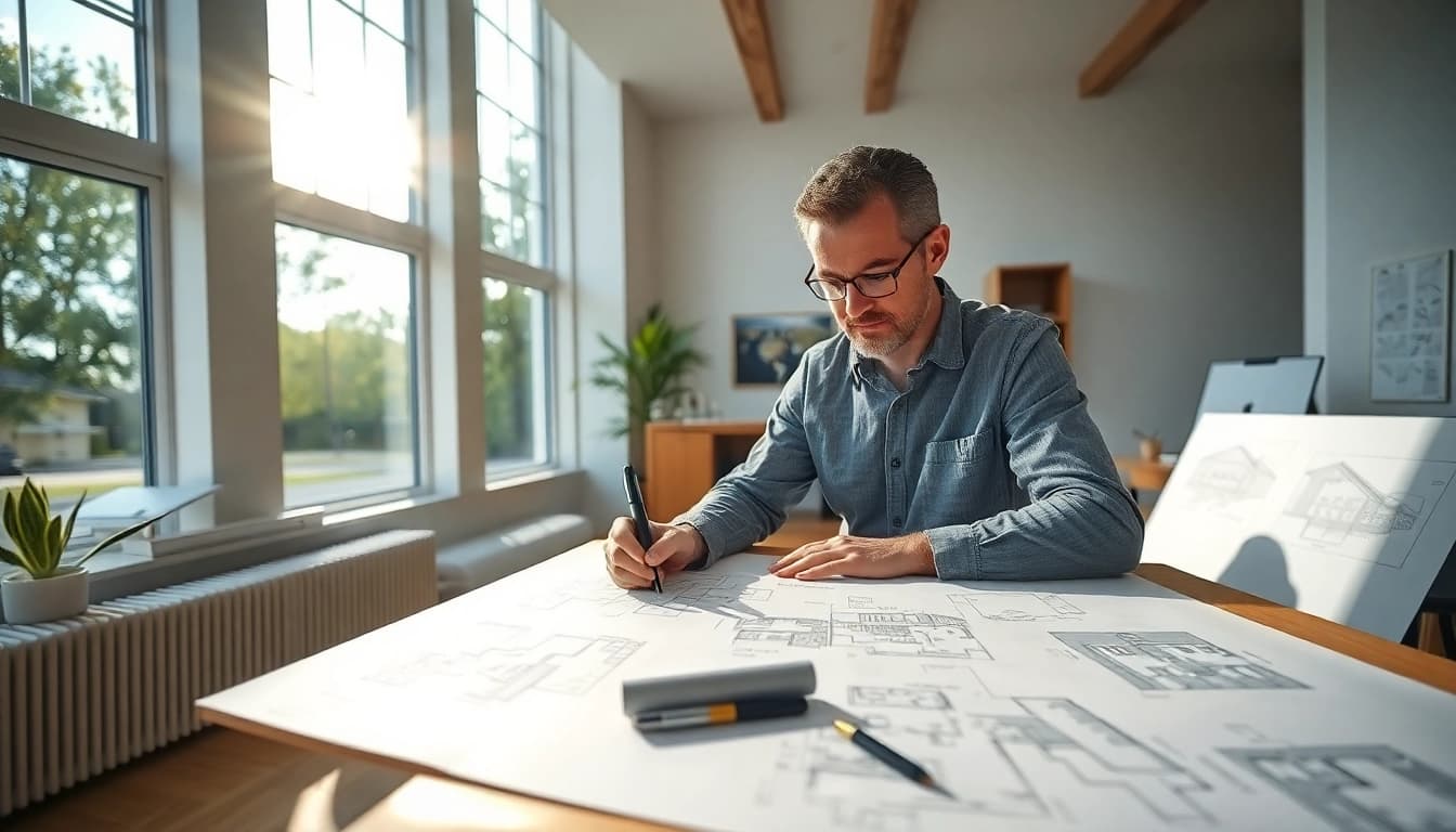 Showcases custom residential architecture services with an architect at work in a bright office.