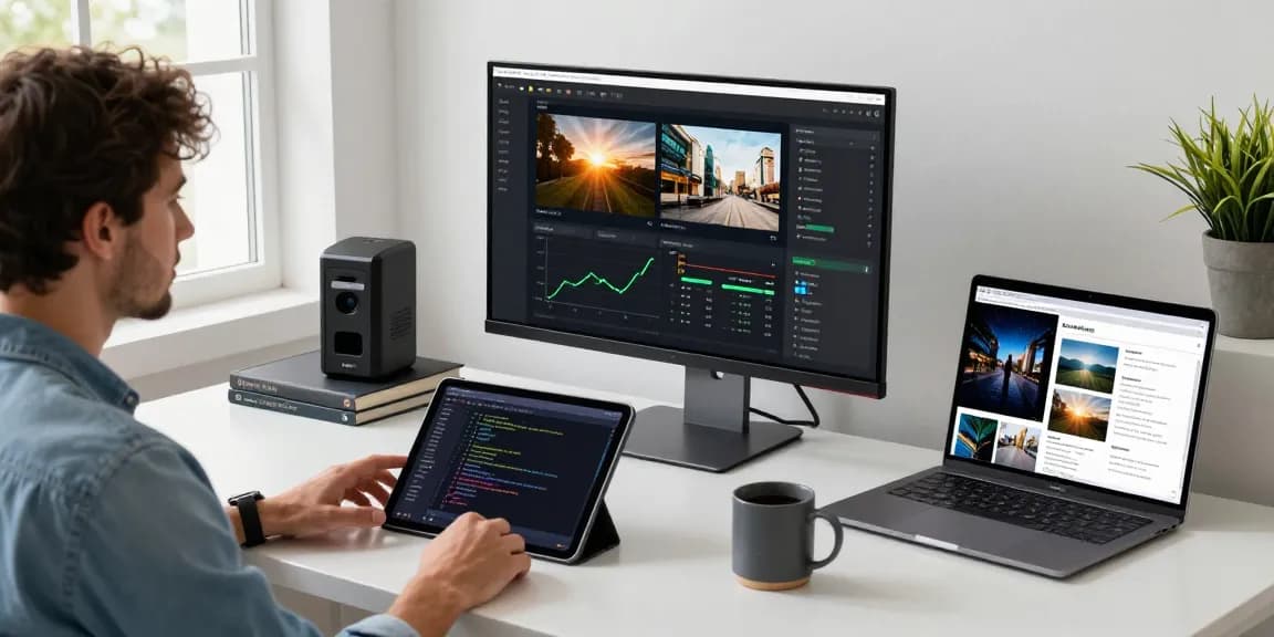 AI image detector interface in a modern workspace with professional analyzing images.