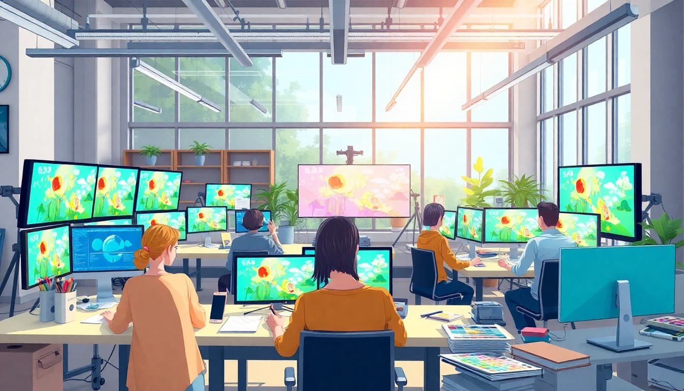 Begeisterte Künstler erstellen beeindruckende 2D Animation in einem lebhaften Studio.