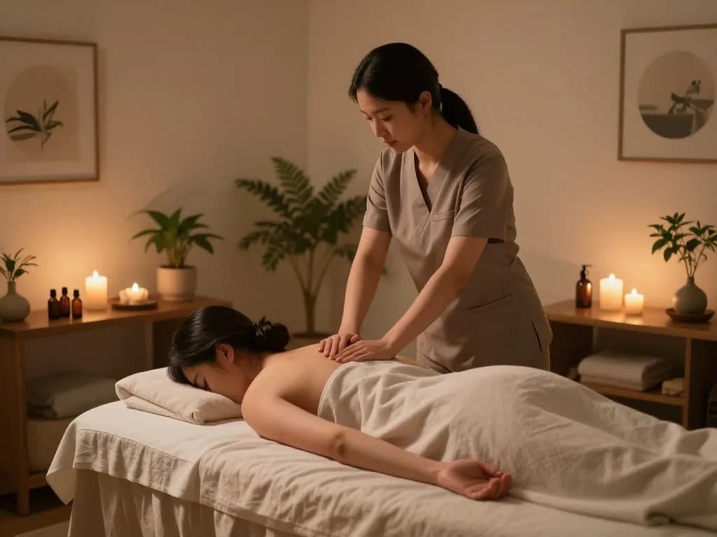 Relaxing 강남마사지 therapy scene with soothing candles and plants creating a calming atmosphere.