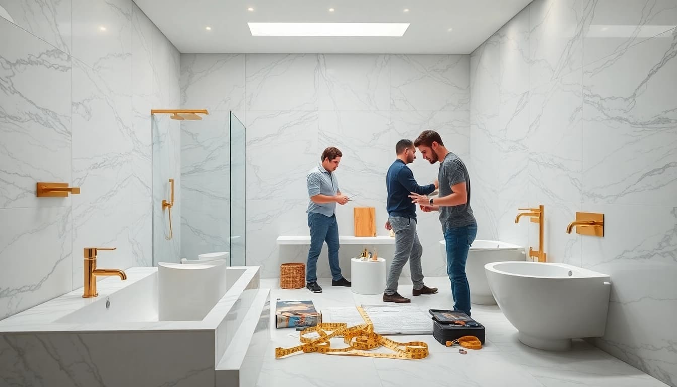 Skilled bathroom installers crafting a modern design in a renovated bathroom space.