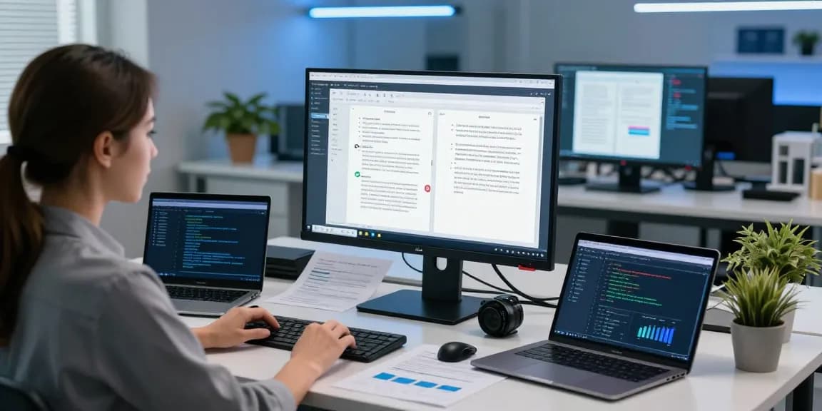 Data analyst detecting fake PDFs using AI technology in a modern lab