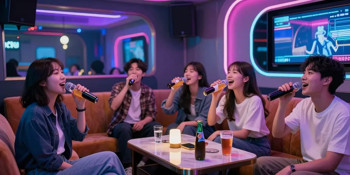 Enjoying a lively night at 인천쓰리노 with friends in a vibrant karaoke lounge atmosphere.
